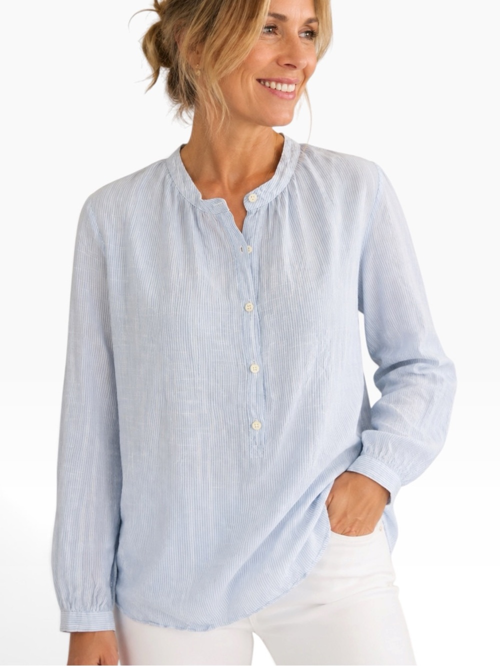 J.Crew | Light Blue Fine Striped Henley Blouse Sz 10 EUC